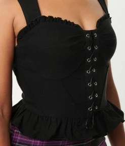 Trending Unique Vintage Black Lace Up Peplum Corset Top
