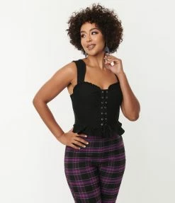Trending Unique Vintage Black Lace Up Peplum Corset Top