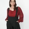 Unique Vintage Plus Size Burgundy Chiffon Sleeve Bodysuit