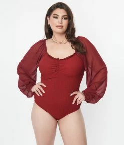 Unique Vintage Plus Size Burgundy Chiffon Sleeve Bodysuit