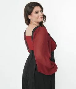 Unique Vintage Plus Size Burgundy Chiffon Sleeve Bodysuit