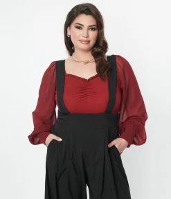 Unique Vintage Plus Size Burgundy Chiffon Sleeve Bodysuit