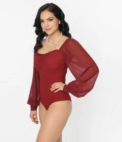Unique Vintage Burgundy Chiffon Sleeve Bodysuit