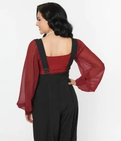 Unique Vintage Burgundy Chiffon Sleeve Bodysuit