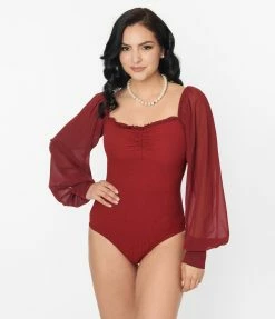 Unique Vintage Burgundy Chiffon Sleeve Bodysuit