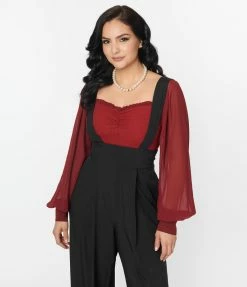 Unique Vintage Burgundy Chiffon Sleeve Bodysuit