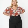 Trending Unique Vintage Plus Size Rust Red & White Floral Flutter Sleeve Blouse