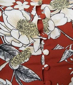 Trending Unique Vintage Plus Size Rust Red & White Floral Flutter Sleeve Blouse