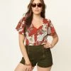 Unique Vintage Rust Red & White Floral Flutter Sleeve Blouse
