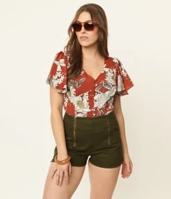 Unique Vintage Rust Red & White Floral Flutter Sleeve Blouse