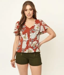 Unique Vintage Rust Red & White Floral Flutter Sleeve Blouse