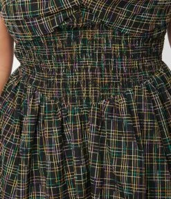 Sale Unique Vintage Plus Size 1950s Black & Multicolor Plaid Shimmy & Shake Swing Dress