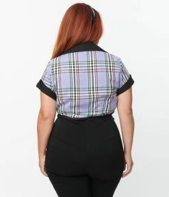 Unique Vintage Plus Size Black & Lavender Plaid Print Shirley Crop Top