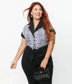 Unique Vintage Plus Size Black & Lavender Plaid Print Shirley Crop Top