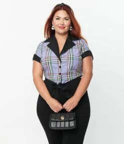 Unique Vintage Plus Size Black & Lavender Plaid Print Shirley Crop Top