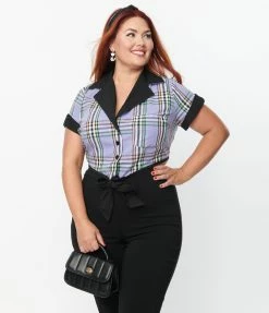 Unique Vintage Plus Size Black & Lavender Plaid Print Shirley Crop Top