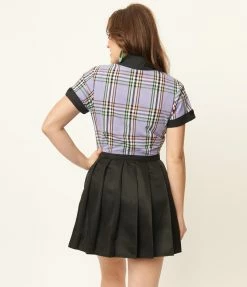 Unique Vintage Black & Lavender Plaid Print Shirley Crop Top