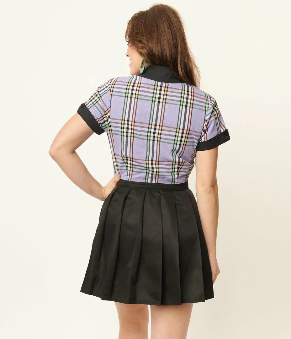 Unique Vintage Black & Lavender Plaid Print Shirley Crop Top