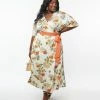 Unique Vintage Plus Size Ivory & Orange Floral Print Wrap Dress