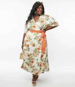 Unique Vintage Plus Size Ivory & Orange Floral Print Wrap Dress