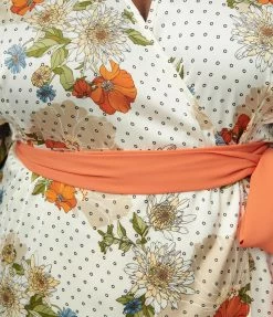 Unique Vintage Plus Size Ivory & Orange Floral Print Wrap Dress