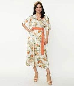 Unique Vintage Ivory & Orange Floral Print Wrap Dress