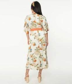 Unique Vintage Ivory & Orange Floral Print Wrap Dress