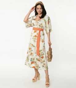 Unique Vintage Ivory & Orange Floral Print Wrap Dress