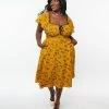 Trending Unique Vintage Plus Size 1950s Marigold & Butterfly Print Swing Dress