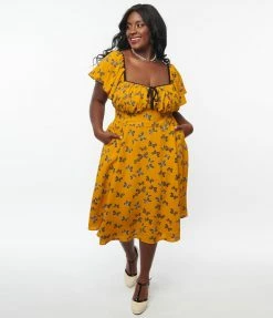 Trending Unique Vintage Plus Size 1950s Marigold & Butterfly Print Swing Dress