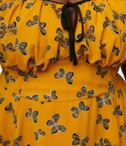 Trending Unique Vintage Plus Size 1950s Marigold & Butterfly Print Swing Dress