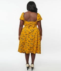 Trending Unique Vintage Plus Size 1950s Marigold & Butterfly Print Swing Dress