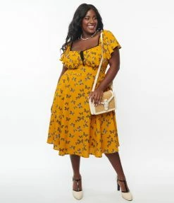 Trending Unique Vintage Plus Size 1950s Marigold & Butterfly Print Swing Dress