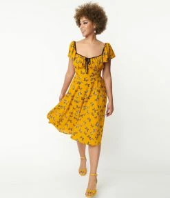 Unique Vintage 1950s Marigold & Butterfly Print Swing Dress