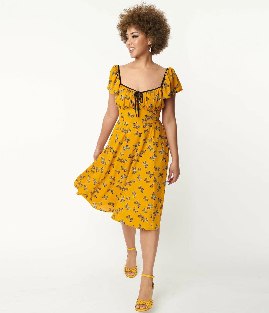 Unique Vintage 1950s Marigold & Butterfly Print Swing Dress