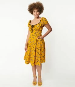 Unique Vintage 1950s Marigold & Butterfly Print Swing Dress