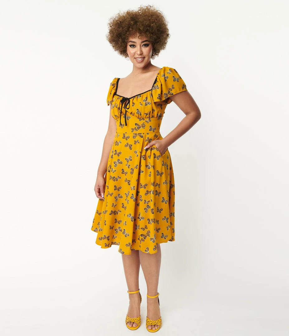 Unique Vintage 1950s Marigold & Butterfly Print Swing Dress