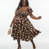 Sale Unique Vintage Plus Size 1950s Brown & Ivory Floral Print Swing Dress
