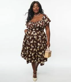 Sale Unique Vintage Plus Size 1950s Brown & Ivory Floral Print Swing Dress