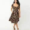 Unique Vintage 1950s Brown & Ivory Floral Print Swing Dress Sale