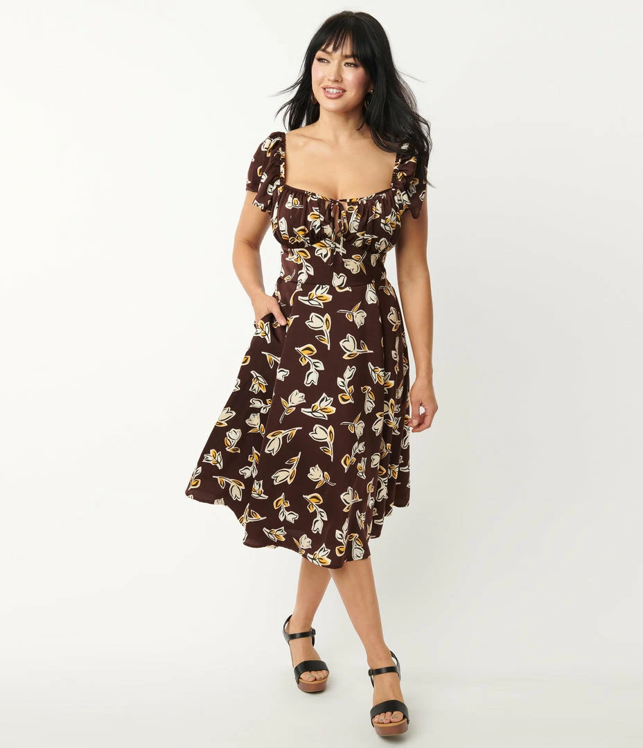 Unique Vintage 1950s Brown & Ivory Floral Print Swing Dress Sale