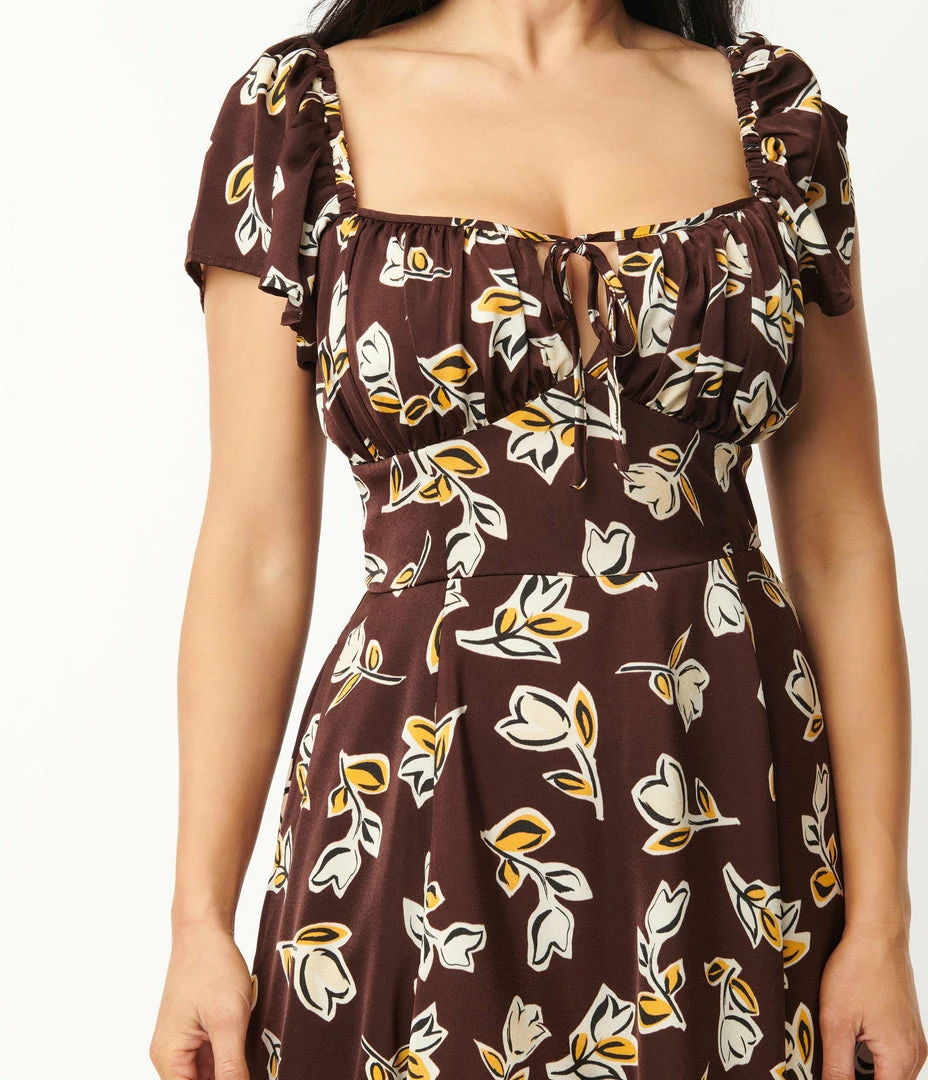 Unique Vintage 1950s Brown & Ivory Floral Print Swing Dress Sale