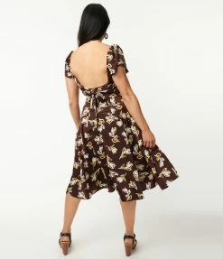 Unique Vintage 1950s Brown & Ivory Floral Print Swing Dress Sale
