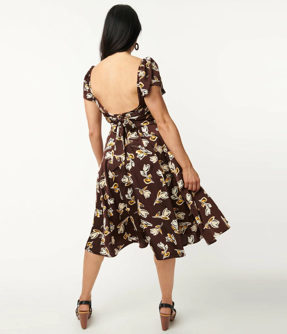 Unique Vintage 1950s Brown & Ivory Floral Print Swing Dress Sale