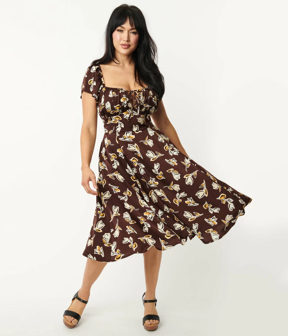 Unique Vintage 1950s Brown & Ivory Floral Print Swing Dress Sale