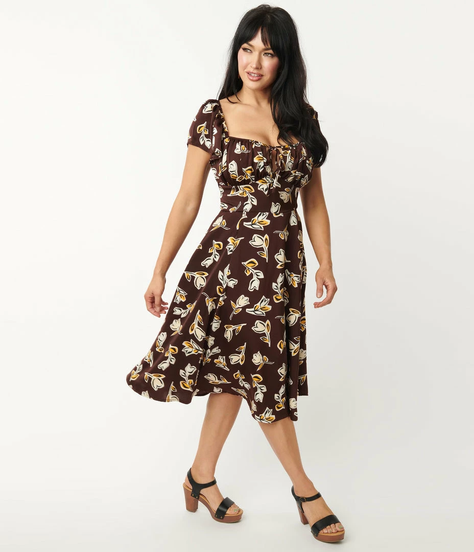 Unique Vintage 1950s Brown & Ivory Floral Print Swing Dress Sale