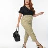 Unique Vintage Plus Size Pale Green Plaid Belted Crop Pants