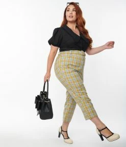 Unique Vintage Plus Size Pale Green Plaid Belted Crop Pants