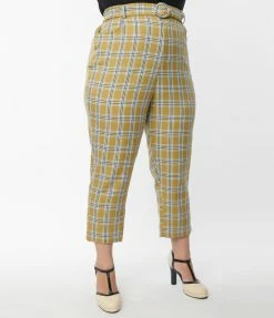 Unique Vintage Plus Size Pale Green Plaid Belted Crop Pants