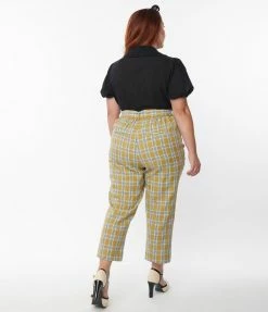 Unique Vintage Plus Size Pale Green Plaid Belted Crop Pants